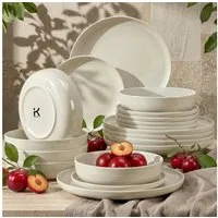 KONSIMO® Tafelservice VICTO Geschirrset hergestellt in der EU (18-tlg), 6 Personen, Steingut, spülmaschinengeeignet, mikrowellengeeignet, glänzend, rund