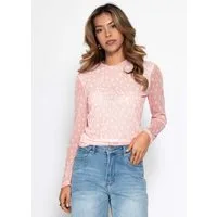 SASSYCLASSY Langarmshirt Getupftes Mesh Shirt für Damen Transparentes Top mit gefütterter Vorderseite und Rundhalsausschnitt