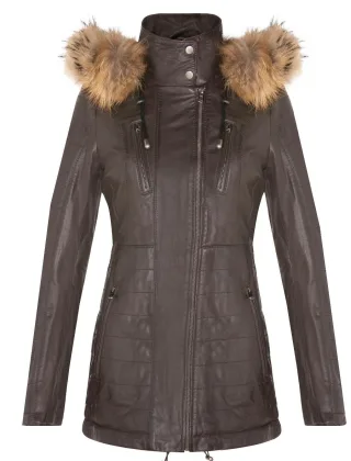 Damen-Parkajacke aus Leder in schmaler Passform mit Kapuze – Northam