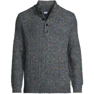 Zopfstrick-Pullover mit Stehkragen und Knopfleiste für Herren, Herren, size: regular, Grau, Baumwolle/Polyester/Polyacryl, by Lands' End