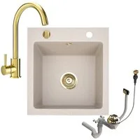 Faizee Möbel Granitspüle Granitspüle 48x50 +Armatur Gold Küchenspüle Spülbecken inkl. Siphon, eckig, 48/50 cm