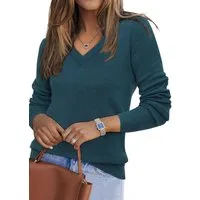 Arach&Cloz Strickpullover Damen Pullover aus Wollmischung Longpullover Strickpullover V-Ausschnitt Volltonfarbe Wollpullover Business und Freizeit Outfits