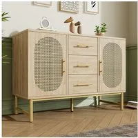 STILVORA Sideboard mit 2 Türen&3 Schubladen,Rattan Sideboard Fluschrank mit Regale,Natur (Sideboard mit 3-Schubladen und 2-Rattan-Türer,komodenschrank, 1 St., für Schlafzimmer und Wohnzimmer, Verstellbare Regale, Kippschutz), 120 x 40 x 74 cm, Sonoma