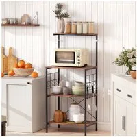 HOMCOM Küchenregal 4-stufiges Design, Arbeitsplatte, 8 Haken, Bäckerregal 1-tlg., aus Metallrahmen, Rustikal-Braun, 60cm x 42cm x 134,5cm