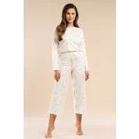 Mademoiselle Sommeil Pyjama Schlafanzug zweiteilig mit Langarmshirt & 7/8-Hose (2 tlg) cremefarben mit dunkelgrauen Herzchenprint