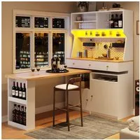 Flieks Buffet Küchenschrank Küchenbuffet mit 360° drehbar Esstisch (Buffetmaße: 119,2x44,8x177,7 cm, Tischplattemaße: 137x59 cm, 2-St., mit Acryl-Schiebetür und Schubladen) Hochschrank mit LED-Beleuchtung & Stecktafel, Arbeitstisch mit Ablagen