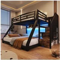 Flieks Etagenbett, Kinderbett Metallbett 90x200/140x200cm mit Lichtleiste Stauraumtreppe