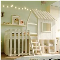 Merax Hochbett 90x200cm mit Ablageflächen, Leiter und Schutzzaun (1-St) Kinderbett mit Dach und Fenster, Spielhaus Jugendbett mit Stauraum