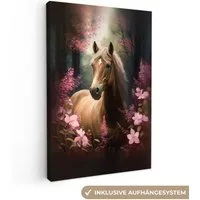 OneMillionCanvasses® Leinwandbild Pferd - Blumen - Rosa - Natur - Wald, Fotodruck (1 St), Leinwand Canvas Wandbild, Wanddekoration 20x30 cm