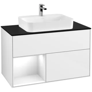 Villeroy und Boch Finion Waschtischunterschrank G362GFGF 100cm, Abdeckplatte black matt, Emotion, Regal links Glossy white lacquer, Glossy white lacquer