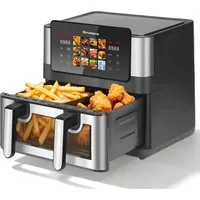 WHEELYOU Heißluftfritteuse 8,5L, 2000W Airfryer mit Doppel-/Einzelkammer, Sichtfenster & 12 Programmen, 2000 W, Umschaltbarer Airfryer mit Touchdisplay, Trennwand & 80–200 °C