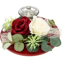 I.GE.A. Teelichthalter Mit Glaseinsatz und Teelichtkerze, künstlichen Rosen Eukalyptus (1 St), Kerzenständer Kerzenhalter Tischdeko Kerzen Muttertag Valentinstag