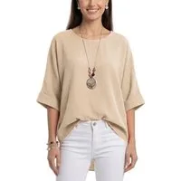dy_mode Kurzarmbluse Damen Bluse Oversize Tunika Leichte Viskosebluse Oberteil Einfarbig in Unifarbe, High-Low Saum, mit passende Kette