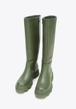 Wittchen Damen-Lederstiefel mit dicker Sohle und Reißverschluss, dunkelgrün