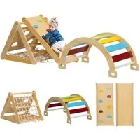 AIYAPLAY Klettergerüst mit Rutsche, Kletterbogen, Rampe, Kletternetz, Kletterstein, (7 in 1 Kletterdreieck, 1-St., Indoor Spielplatz aus Holz), für Kinder von 1,5-4 Jahre, Mehrfarbig