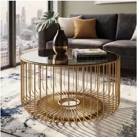FINEBUY Couchtisch FB116641 Sofatisch Glas Wohnzimmertisch 60cm rund Tisch Handmade (Extravaganter Tisch in luftiger Gitteroptik), Schwarze Glasplatte auf goldenem Eisen