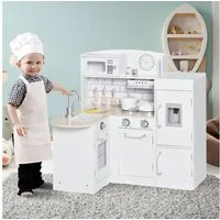 HOMCOM Spielküche mit elektronischem Wasserspender, Mikrowelle und Kühlschrank Kiefernholz, MDF, für Kinder ab 3 Jahren, Weiß
