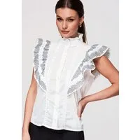 OMBRE Blusentop Damen Blusentop mit Volants und Spitze Weiß M (kein Set, 1-tlg) Ajour-Einsätze, dekorative Spitzenbänder, Falten