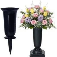 matches21 HOME & HOBBY Dekovase Grabvasen mit Erdspieß und Sockel 2er Set (31, 32 cm) grau (2 St), Wetterfeste Grabschmuck Friedhofsvasen zum Stecken, Hinstellen