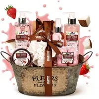BRUBAKER Pflege-Geschenkset Dusch- und Badeset mit Kokosnuss & Erdbeer Duft Set, 11-tlg., Frauen Geschenk Set in Vintage Wanne, Wellness Pflegeset für Damen