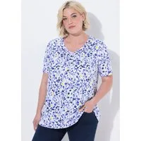 Ulla Popken T-Shirt T-Shirt Blüten Zierfalten V-Ausschnitt Halbarm