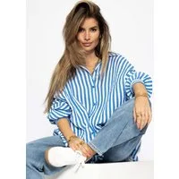 SASSYCLASSY Longbluse Musselin Bluse mit hellen Streifen für Damen Baumwollbluse im Oversized Fit mit Kent Kragen