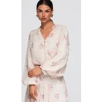 OMBRE Hemdbluse Damen Bluse mit V-Ausschnitt und Stehkragen Beige M (kein Set, 1-tlg) halbtransparent