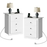 WLIVE Nachttisch Beistelltisch, 3 Schubladen mit Ladestation, (Set, Nachttisch 2er Set), 2 Steckdosen & 2 USB