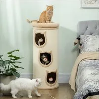 PawHut Kratztonne 96 cm hoch, (Katzenturm, 1-tlg., Katzentoilette mit Sisalseil, 3 Höhlen), mit 3 Spielzeugen, Cremeweiß