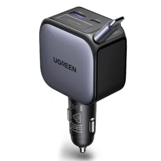 Ugreen 90W 2-Port USB PD Car Charger Adapter USB-A+USB-C+Type-C Retractable Cable Support PD Fast Charging for iPhone 17