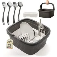 Hausfelder Waschbecken Spülwanne Anthrazit + Abtropfgitter weiß + 4er Set Spülbürsten (6er Set, 6-St., Wanne + Abtropfgestell + 4 Spülbürsten), Komplettes Spül-Set: Wanne mit Henkeln, Abtropfgestell, 4 Spülbürsten