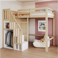 Merax Hochbett (1-St., Jugendbett Jugendbett Einzelbett) Massivholz Kinderbett 90x200cm mit Staurumtreppe & Kleiderschrank