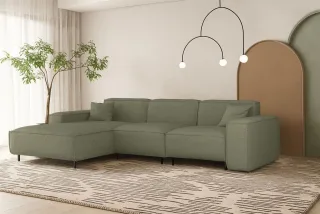 Ecksofa Designersofa GLORIA in Stoff Artico Grün Ottomane Links