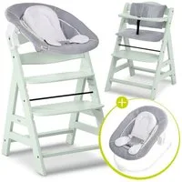 Hauck Hochstuhl Alpha Plus Mint Newborn Set - Stretch Grey (Set), Holz Babyhochstuhl ab Geburt inkl. Neugeborenenaufsatz & Sitzauflage