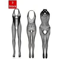 Elegant Love Bodystocking-Ouvert Neckholder Fischnetz-Catsuit – Sexy Body-Dessous mit offenem Schritt (Packung 3 St. 3er-Pack) Strumpfbody Reizwäsche – Femininer Body in feiner Netzoptik