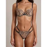 Elegant Love Set: Bügel-BH Damen Reizwäsche Set aus Spitze – Dessous-Set mit Leo Muster (Set, 2-tlg., mit Tanga) Lingerie-Set floraler Stickerei – Sexy Unterwäsche mit Animalprint