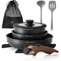 Kitchen Academy Pfannen-Set, (10-tlg, Pfanne 20cm/25cm, Stielkasserolle mit Deckel 18 cm, 2 Silikonspatel), Pfannenset mit abnehmbaren Griffen Töpfe und Pfannen Set mit Deckel