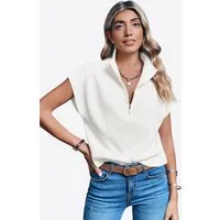 Imily Bela Strickpullover Damen Kurzarm Pullover mit Halbreißverschluss (Packung, 1-tlg., 1per-Pack) hochschließender Kragen