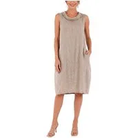dy_mode Midikleid Damen Leinenkleid Luftiges Midi Sommerkleid Ballonkleid Strandkleid in Unifarbe, Wasserfallkragen, mit seitlichen Eingriffstaschen