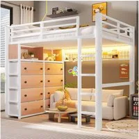 Merax Hochbett 140x200cm mit LED, Jugendbett Kinderbett (1-St) Metallbett mit 8 Schubladen, Regalen, Lochwand, Geländer & Stauraum