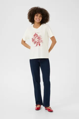 T-Shirt Boxy Fit Frühlingsgardenie/Rote Blume white red