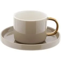 Mulex Kaffeeservice 12-tlg Mokkatassen Set aus hochwertigem Porzellan, 90 ml - Taupe/Gold (12-tlg), 6 Personen, Porzellan, 6x Mokkatassen, 6x Unertassen