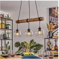hofstein Pendelleuchte Hängelampe aus Metall/Holz/Glas in Schwarz/Naturfarben/Klar, ohne Leuchtmittel, Hängeleuchte im Boho-Design mit Glasschirmen und Holzbalken, 3 x E27