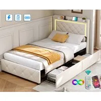 ADWOLT Polsterbett Doppelbett Stauraumbett mit Kopfteil und Lattenrost (1-tlg., Jugendbett), 90x200 cm,Mit LED-Licht und USB+Typ C,2 Schubladen,Samtstoff,Beige