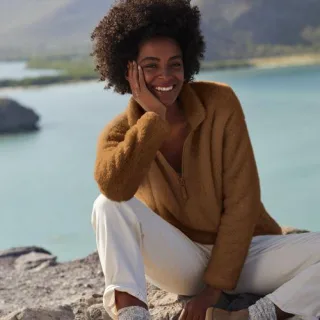Plüschfleece-Pullover mit Reißverschluss für Damen in Plus-Größe, Damen, size: plus, Beige, Polyester, by Lands' End