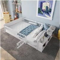 Flieks Kinderbett, Holzbett Bodenbett Doppelbett 140x200cm mit Tür und Stauraumregal