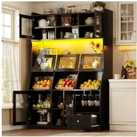 Flieks Küchenbuffet Hochschrank mit USB-Anschluss, LED-Beleuchtung und Glastüren (120x40x181,7 cm, 1-St) Multifunktionsschrank Mehrzweckschrank mit verstellbarer Einlegeböden