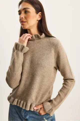 Rüschiger Halb-Polokragen Knopfstrickpullover