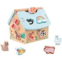 Lelin Lernspielzeug tragbares Holzhaus mit Tieren, Steckspiel mit Holzbausteinen, Klappbares Dach, Griff und Steckspiel