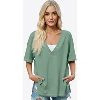Imily Bela T-Shirt Damen Oversize mit tiefem V-Ausschnitt Cover-up Casual (Packung, 1-tlg., 1per-Pack) mit Seitenschlitzen Kontrastnähten